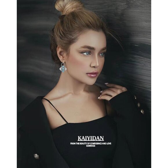 Turquoise Square Geometric Shaped Vintage Long Summer Earring for Women Jewelry - Picture 5 of 8